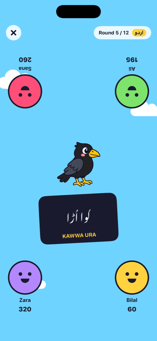 Four players mid-round, the crow is called